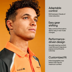 Loop McLaren Switch 2 in-ear dial control shown for easy mode switching.