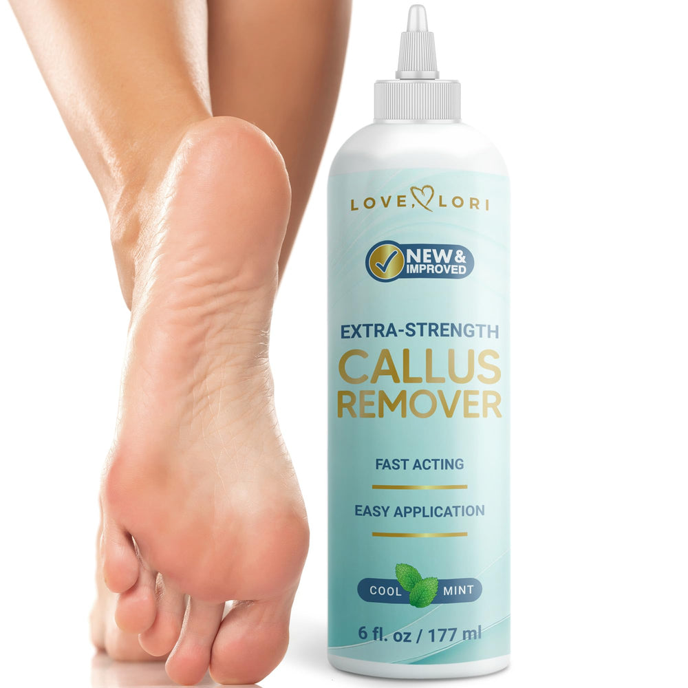 LOVE LORI callus remover bottle for salon-quality foot care.