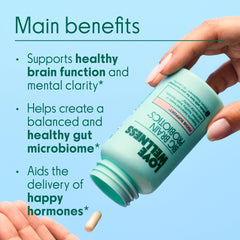 Love Wellness Big Brain Probiotics label close-up showing ingredients and vegan formula.