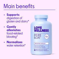 Closeup of Love Wellness Bye Bye Bloat capsules for easy after-meal relief