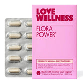 Love Wellness Flora Power box front showing fragrance-free vaginal probiotic packaging.