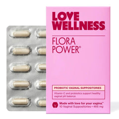 Love Wellness Flora Power box front showing fragrance-free vaginal probiotic packaging.