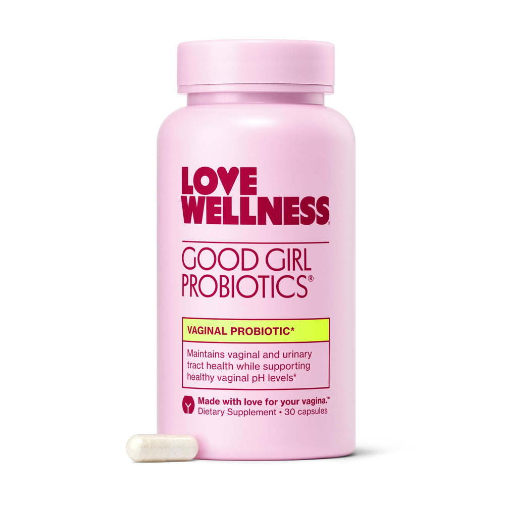 Love Wellness Good Girl Probiotics bottle on a shelf for daily feminine health.
