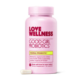 Love Wellness Good Girl Probiotics bottle on a shelf for daily feminine health.
