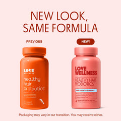 Love Wellness Healthy Hair Probiotics capsules ready for convenient, on-the-go hair support.