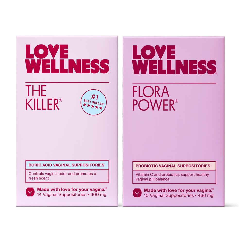 Love Wellness The Killer and Flora Power box front shows the fragrance-free duo for balanced intimate health.