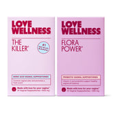 Love Wellness The Killer and Flora Power box front shows the fragrance-free duo for balanced intimate health.