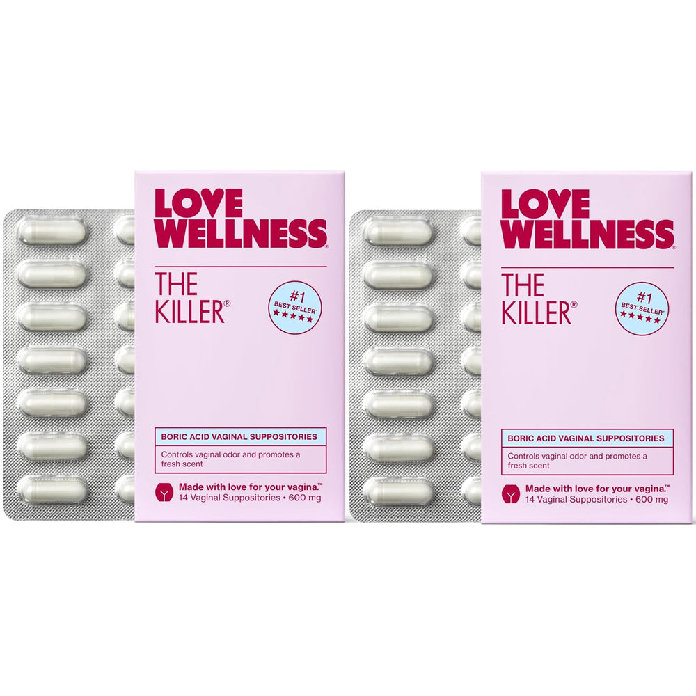 Love Wellness The Killer pack front showing fragrance-free boric acid suppositories for vaginal balance.