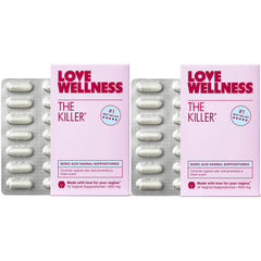 Love Wellness The Killer pack front showing fragrance-free boric acid suppositories for vaginal balance.
