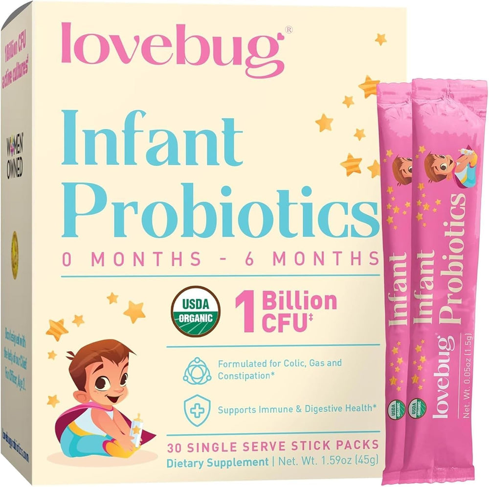 LOVEBUG Infant Probiotics bottle shows tasteless powder for newborns.
