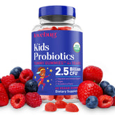 LOVEBUG Kids Probiotic Gummies bottle shows strawberry flavor for easy daily use