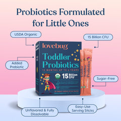 Lovebug Kids Probiotic Powder illustration of 8 strains for gut support.