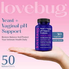 Lovebug multi-strain probiotic capsule with five strains promotes feminine microbiome diversity.