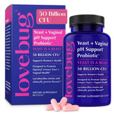 Lovebug Yeast & Vaginal Probiotics bottle supports balanced pH and urinary comfort.
