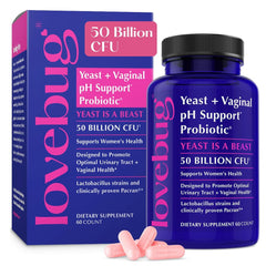 Lovebug Yeast & Vaginal Probiotics bottle supports balanced pH and urinary comfort.