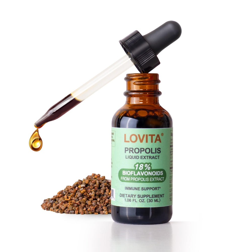 LOVITA Bee Propolis liquid bottle highlighting premium extract for daily immune support