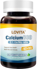 Vegan Lovita calcium citrate 800mg tablets shown for plant-based supplementation.