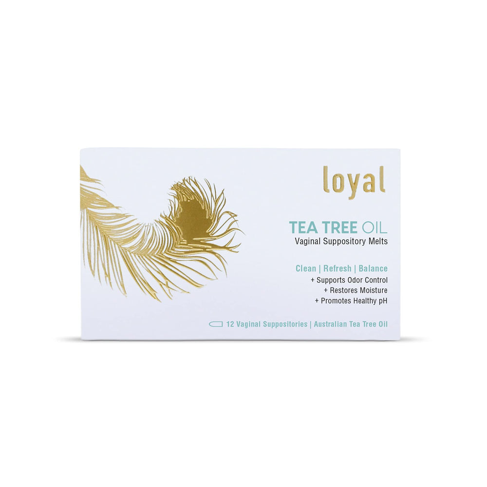 Loyal supositorios de aceite de árbol de té, envase visible para cuidado íntimo natural y equilibrio.