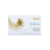 Loyal supositorios de aceite de árbol de té, envase visible para cuidado íntimo natural y equilibrio.