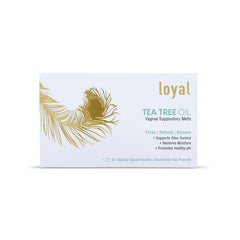 Loyal supositorios de aceite de árbol de té, envase visible para cuidado íntimo natural y equilibrio.