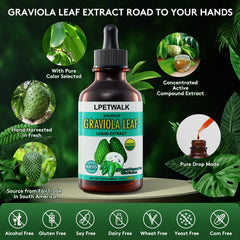 LPETWALK Graviola leaf extract amber bottle highlights natural flavor and dosing.