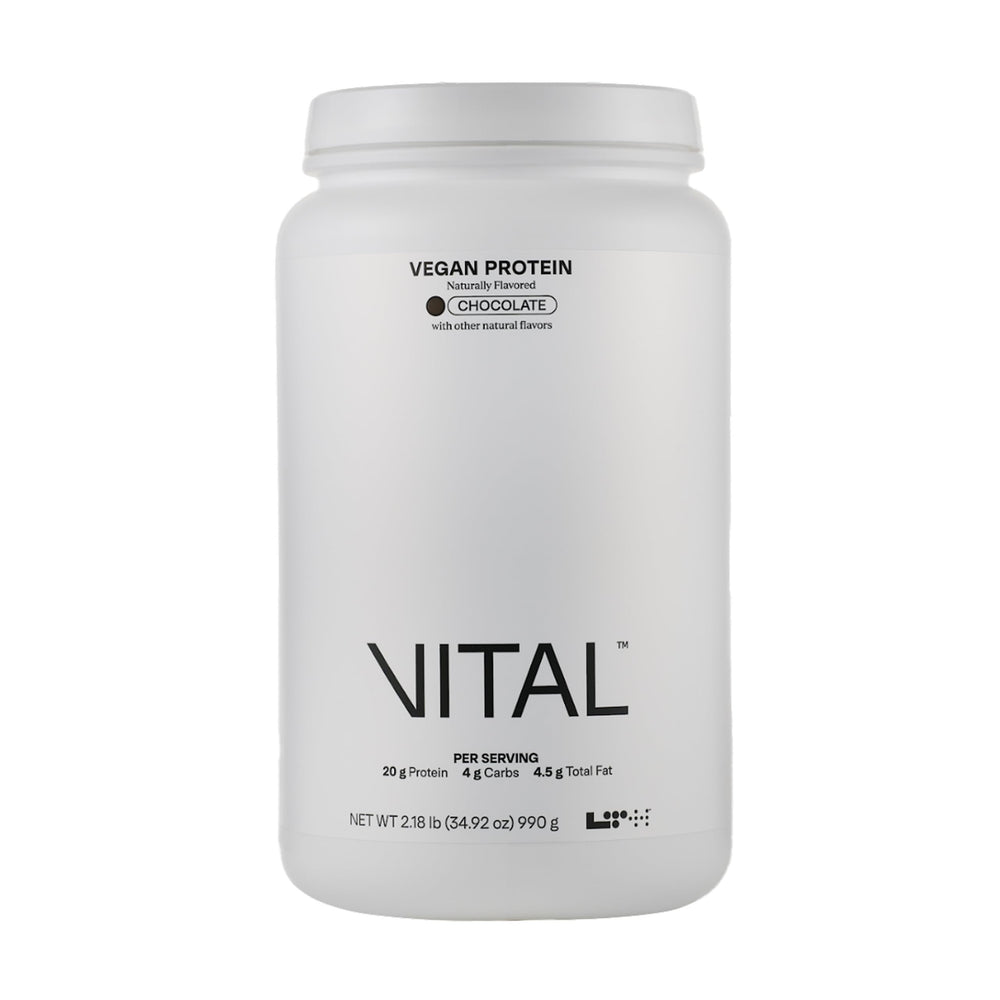 LTH Vital Vegan Protein powder tub shown for creamy chocolate shake when mixed