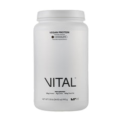 LTH Vital Vegan Protein powder tub shown for creamy chocolate shake when mixed