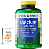 LUAL Spring Valley Calcium bottle with 600 mg calcium and 800 IU vitamin D3 for bone support.
