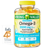 LUAL Spring Valley Omega-3 bottle closeup highlighting premium packaging.