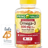 LUAL Spring Valley Omega-3 bottle front with 500 mg softgels for daily wellness