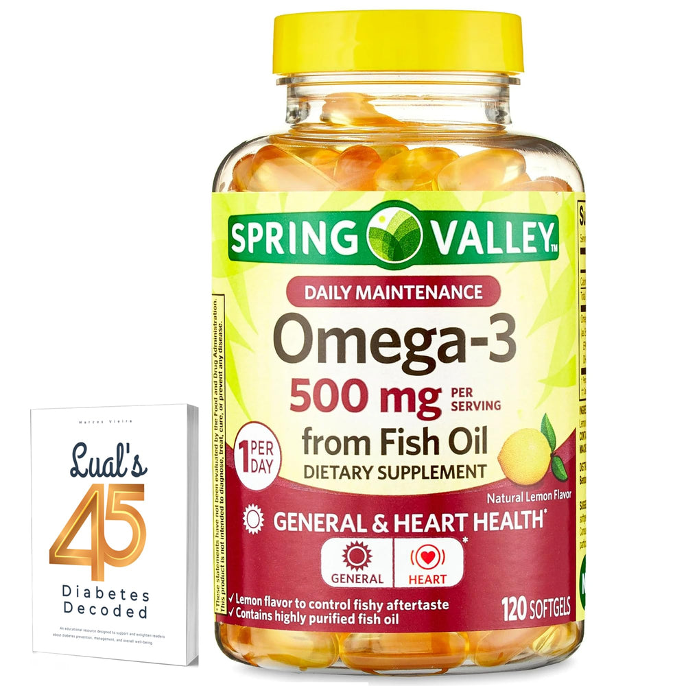 Spring Valley Omega-3 bottle shows daily heart-healthy softgels for easy use.