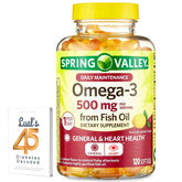 Spring Valley Omega-3 bottle shows daily heart-healthy softgels for easy use.