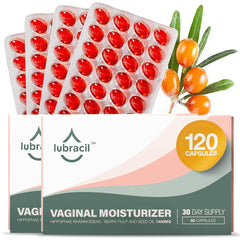 Lubracil Vaginal Moisturizer Pills bottle shows convenient daily hydration support.
