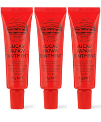Lucas Papaw Ointment packaging shows three 15g tubes for easy skincare on the go.