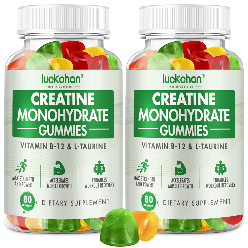 LUCKCHAN Creatine Monohydrate Gummies bottle top view for convenient pre-workout energy.