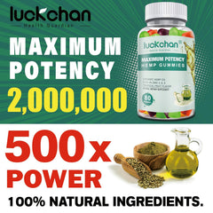 LUCKCHAN hemp gummies bottle closeup with bear shapes for easy consumption