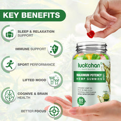 LUCKCHAN hemp gummies bottle close-up with label suggesting sleep support.