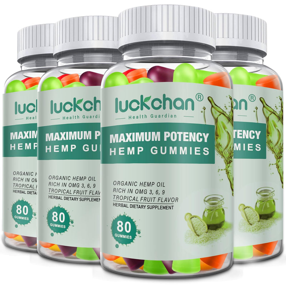 LUCKCHAN hemp gummies four-pack bottle close-up for convenient daily wellness.