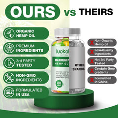 LUCKCHAN hemp gummies packaging highlights gluten-free, gelatin-free formula.