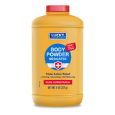 Lucky Super Soft medicated body powder in 8-oz bottle cools and absorbs moisture
