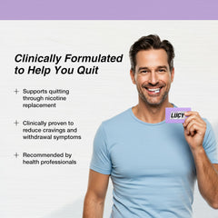 LUCY Nicotine Gum 2mg Berry Citrus blister pack closeup highlights craving relief.