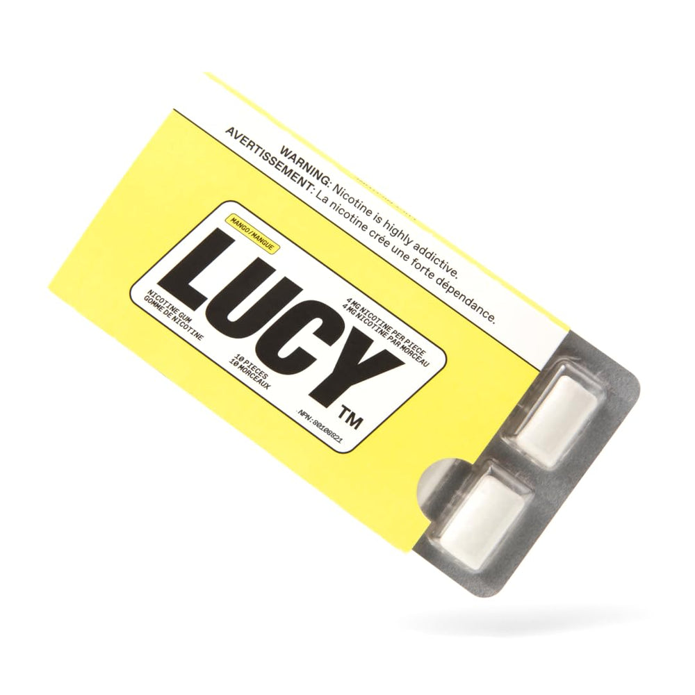 Lucy nicotine gum 4mg mango tin for quick cravings relief on the go