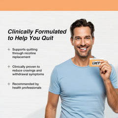 Close-up of LUCY espresso nicotine gum 100-count bottle ready for daily use.
