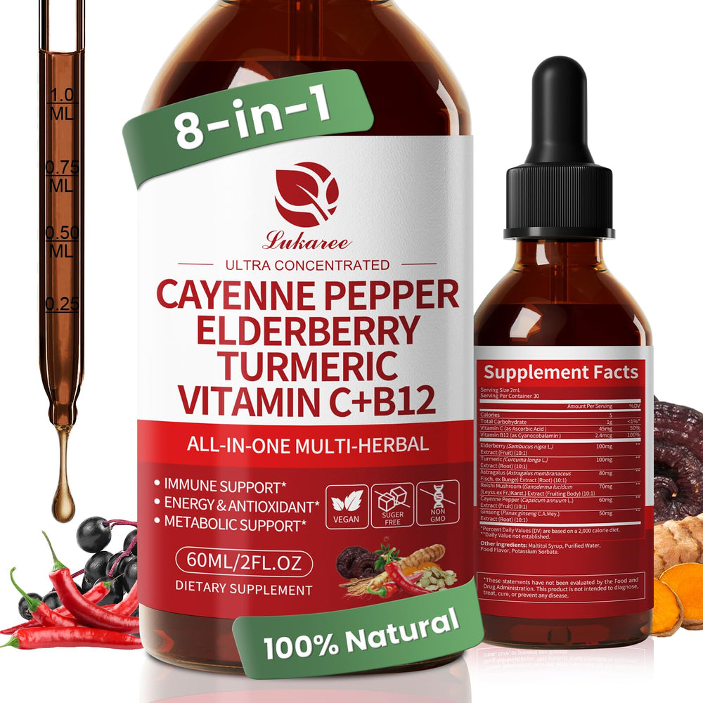 Lukaree Cayenne Pepper Drops bottle, berry flavor for daily wellness.