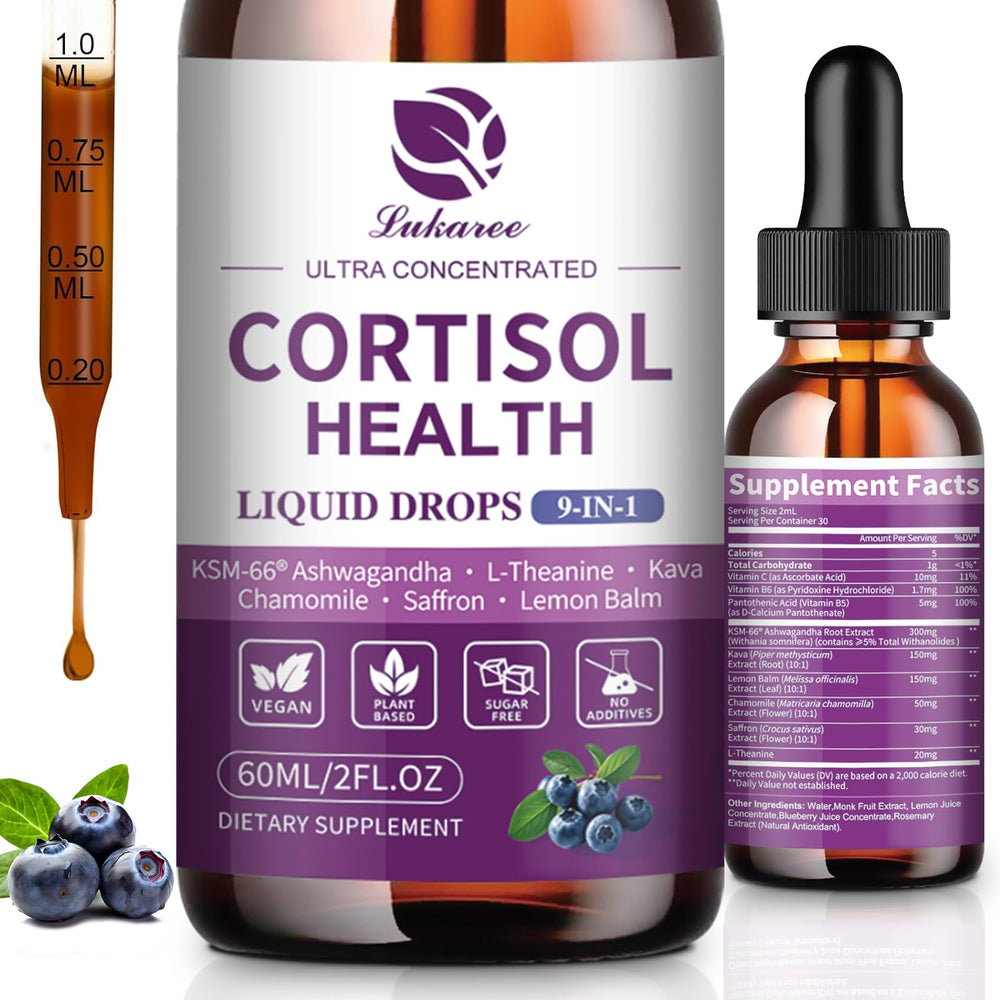 Lukaree Cortisol Drops bottle with blueberry flavor supports mood balance.