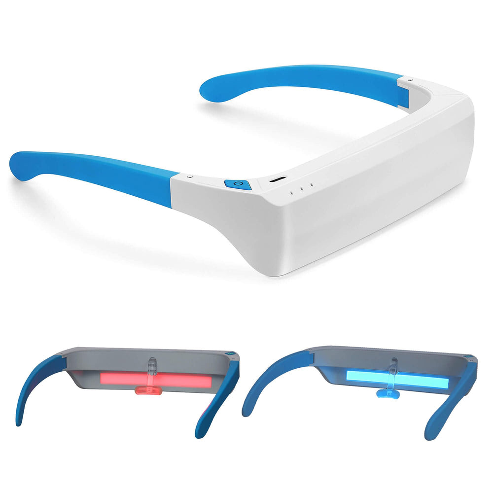 Lukirch red-blue light therapy glasses on desk, ready for daily wellness.