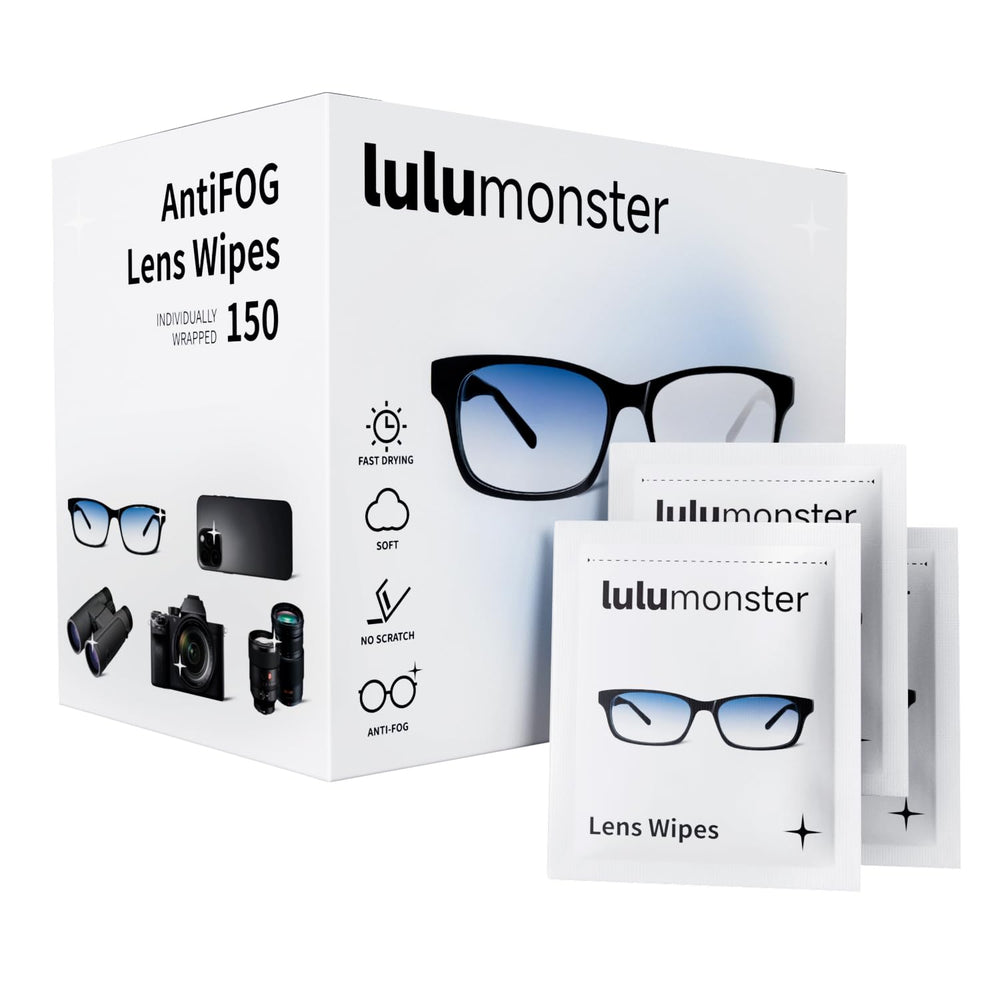 LULUMONSTER anti-fog wipes packaging for on-the-go lens cleaning.