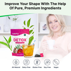 LULUTOX Detox Tea bottle pour highlighting laxative-free daily balance