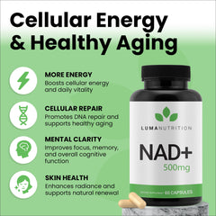 Luma Nutrition NAD+ 1000mg capsules pack demonstrates convenient daily dose for energy support.