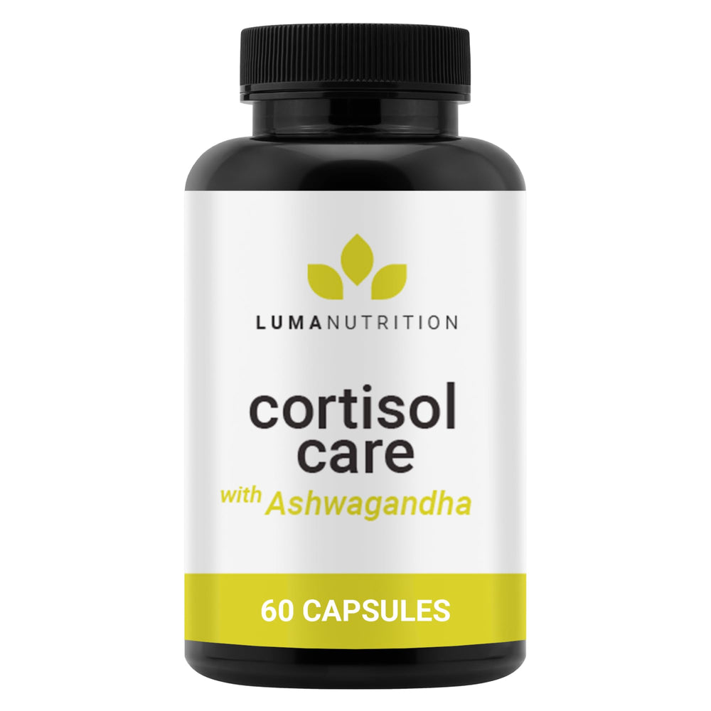 Luma Nutrition Cortisol Reducer bottle with capsules suggesting calm focus